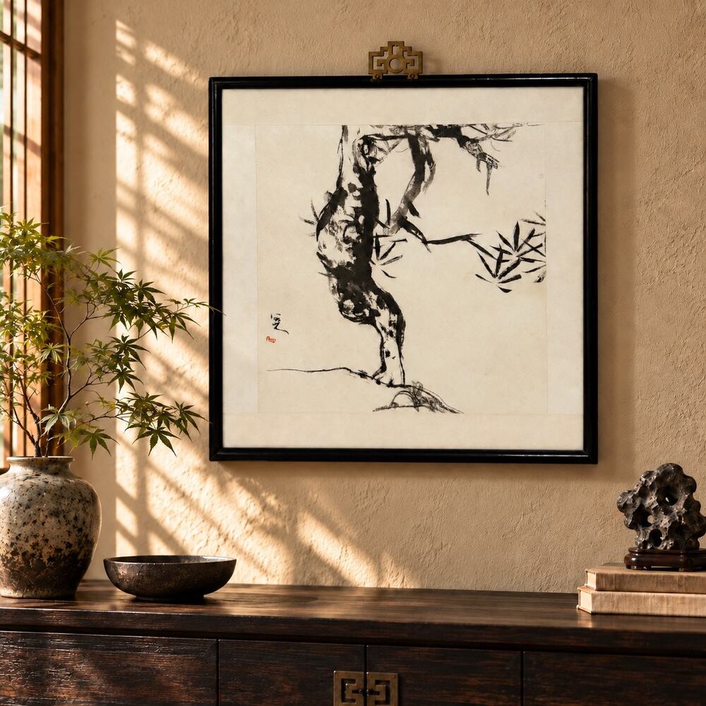 Vintage Japanese Sumi-e Ink Painting Signed Ikko 一光 Tree Bamboo 16x16